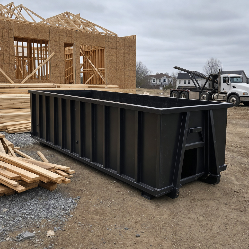 Matte-black 40-yard roll-off dumpster staged on a framed-out residential construction site in Nashua, framing lumber stacked nearby, hooklift delivery truck visible in the background under bright Colorado daylight