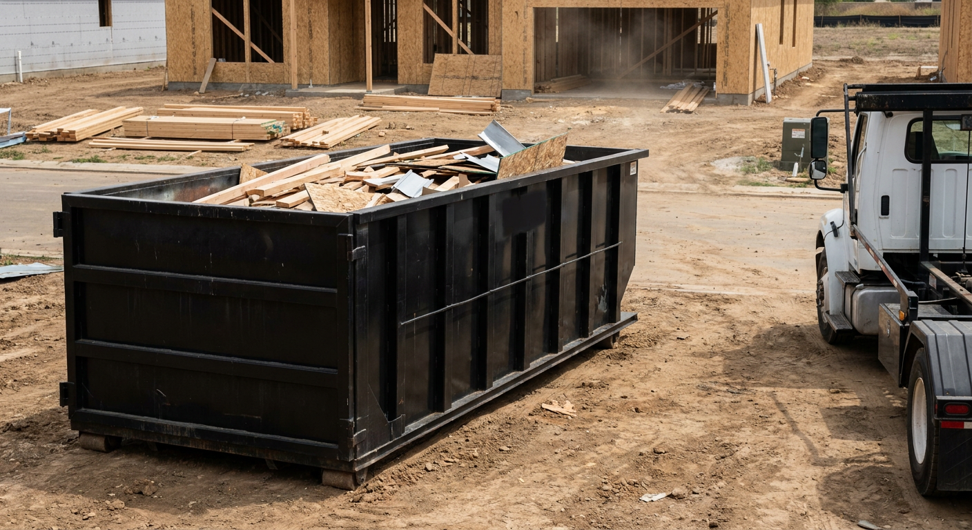 Matte-black 20-yard roll-off construction dumpster with heavy ribbed steel sidewalls and swing rear doors at a working jobsite in Nashua, sitting directly on compacted dirt with an unmarked white hauler partially visible at the far edge of the frame.