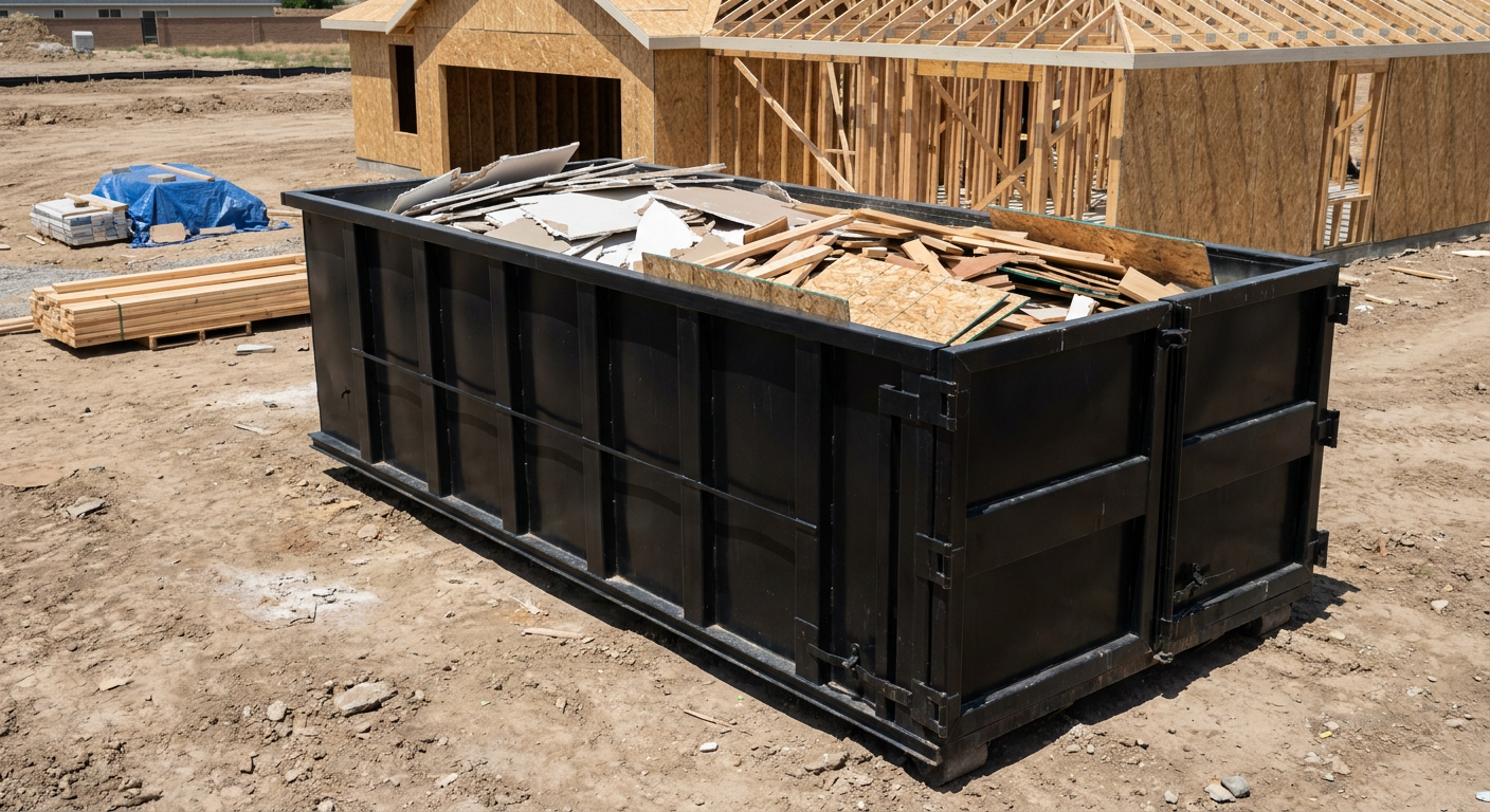 Matte-black 30-yard roll-off construction dumpster sitting directly on the compacted-dirt site of a framed single-family home build in Nashua, drywall and lumber scrap loaded inside.