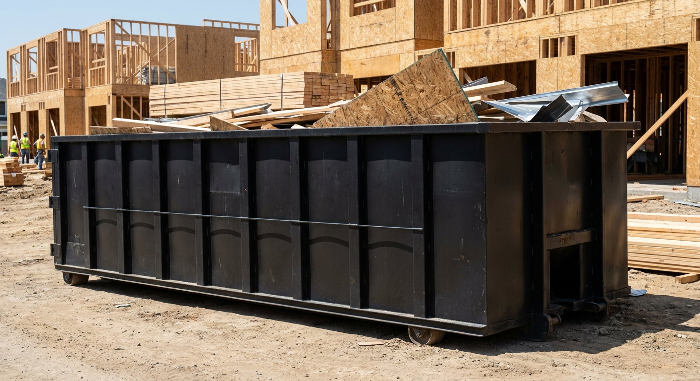 Matte-black 40-yard roll-off construction dumpster being lowered from a white-cab hooklift delivery truck onto the compacted-dirt jobsite at a commercial build site in Nashua