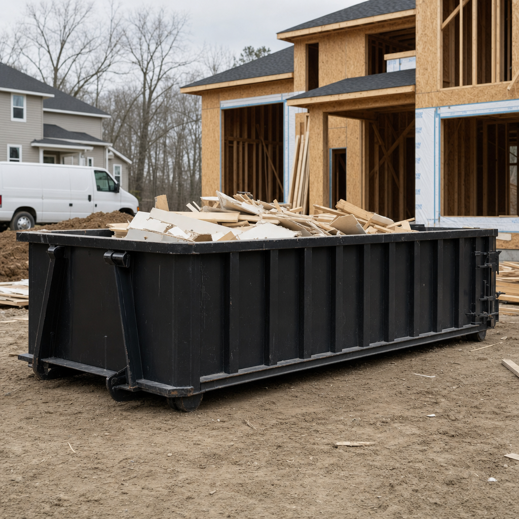Worker in a yellow high-visibility vest tossing framing lumber and broken drywall into a matte-black 30-yard construction roll-off dumpster on an active build site in Nashua, bright daylight
