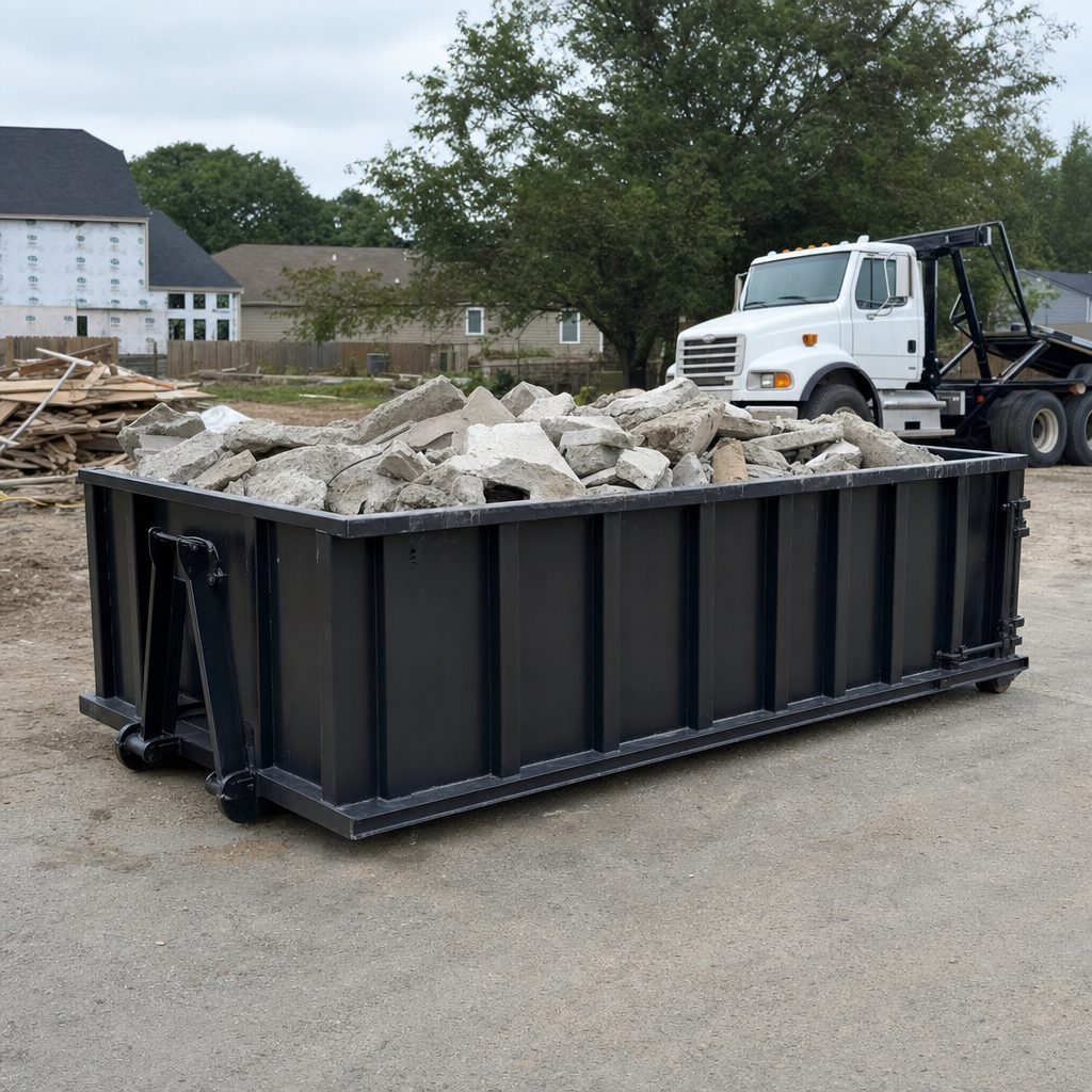 Low-profile matte-black lowboy roll-off dumpster loaded with broken concrete slab and rebar at a foundation tear-out in Nashua, skid steer parked beside it, sunny Colorado morning