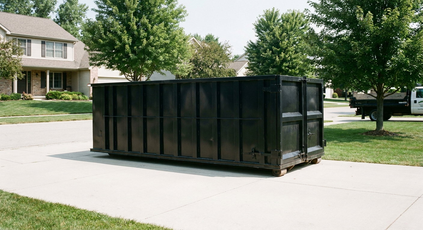 Matte-black 20-yard roll-off dumpster sitting level on a clean Nashua residential concrete driveway under bright daylight, demonstrating clean placement directly on the concrete.