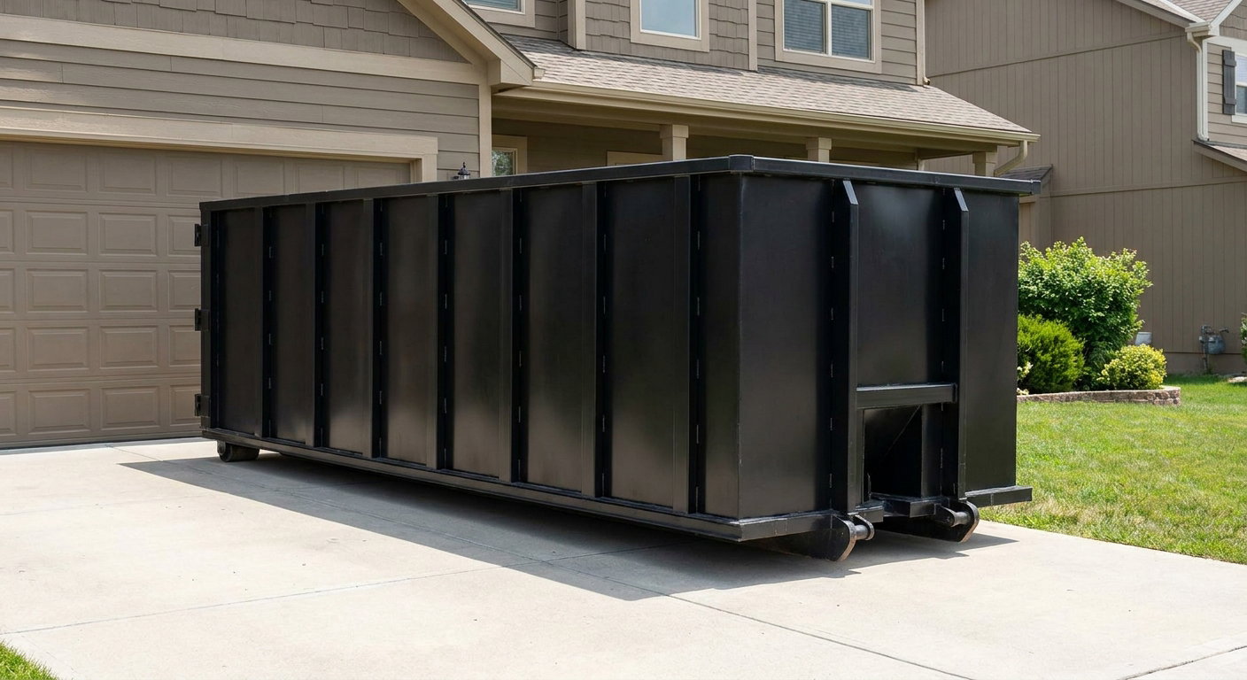 Matte-black residential roll-off dumpster sitting directly on a suburban Nashua concrete driveway, garage door closed, single-family home in background, bright morning daylight.