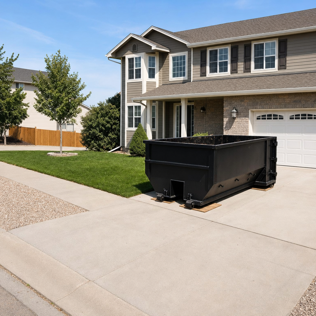 10-yard matte-black residential dumpster placed directly on a narrow Nashua concrete driveway, room remains for a parked sedan beside it, mid-morning natural light
