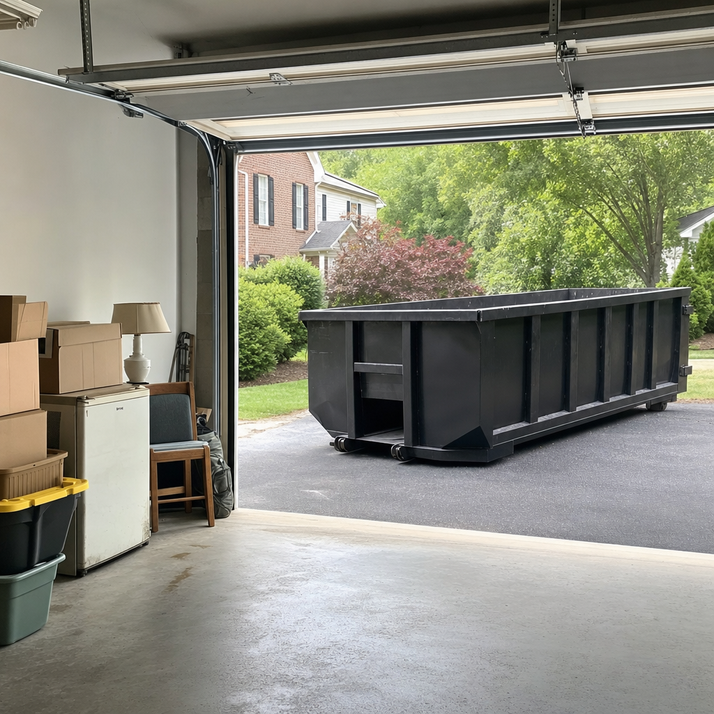 Open garage interior in a Nashua home mid-cleanout — boxed items, an old appliance, and stacked yard tools queued near the driveway for a matte-black roll-off dumpster, organized and calm