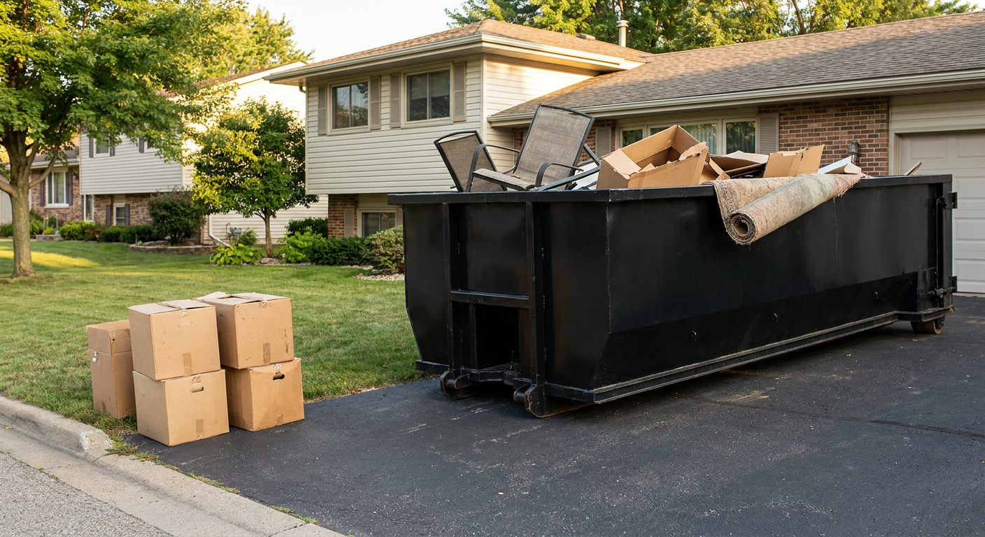 Front-yard view of a Nashua split-level home with a 20-yard matte-black roll-off dumpster sitting directly on the asphalt driveway, a few clearly labeled donation boxes staged at the curb, calm sunny afternoon.