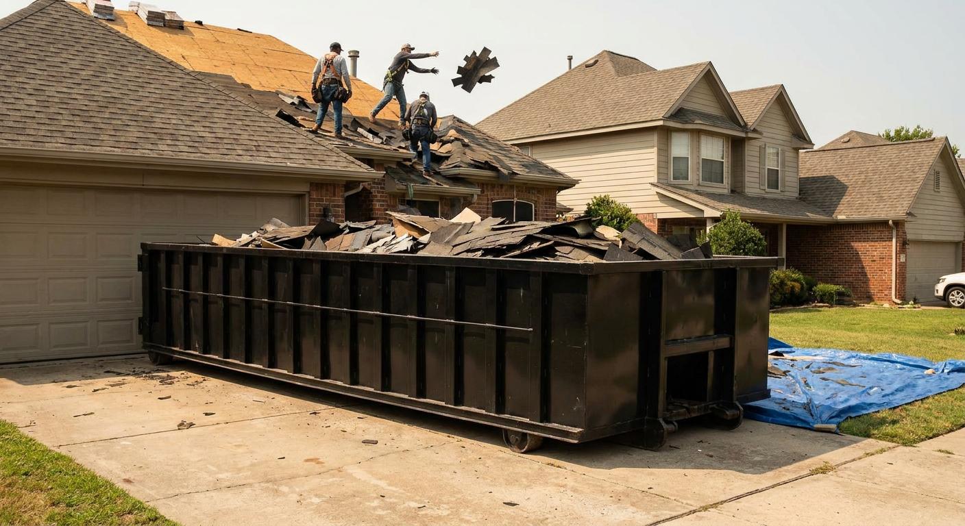 Matte-black roofing roll-off dumpster placed directly on a Nashua residential concrete driveway, a tear-off crew on a two-story asphalt-shingle roof tossing shingle bundles into the low-walled container, bright daylight, documentary 35mm perspective.