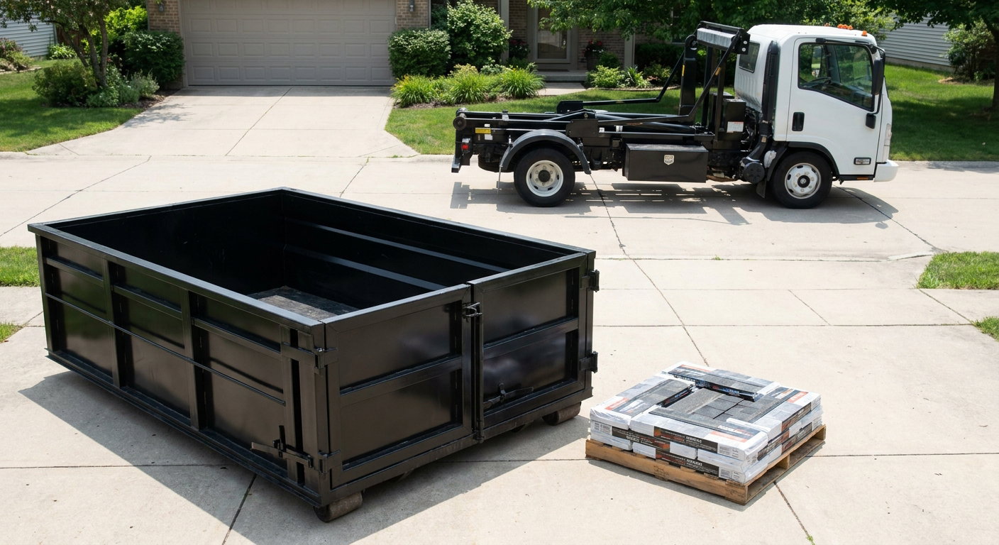Matte-black 15-yard roofing roll-off dumpster with reinforced low side walls sitting directly on a Nashua residential concrete driveway, three-tab asphalt shingle bundles stacked nearby, an unmarked white hauler truck partially visible at the edge of the frame.