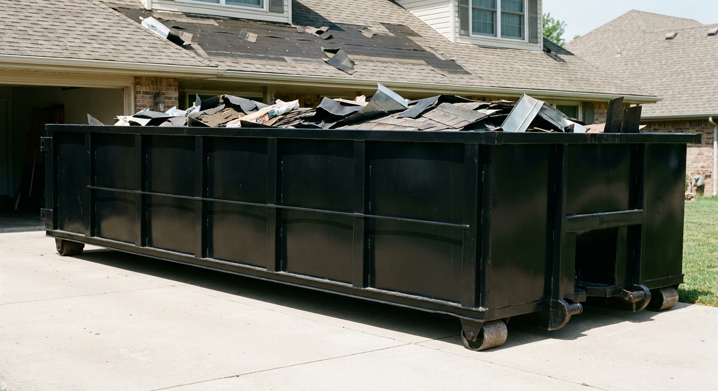 Matte-black 20-yard roofing roll-off dumpster with steel ribbed sides and swinging rear door, sitting directly on the concrete driveway of a two-story Nashua home, asphalt shingle debris being loaded over the low wall, clean documentary lighting.