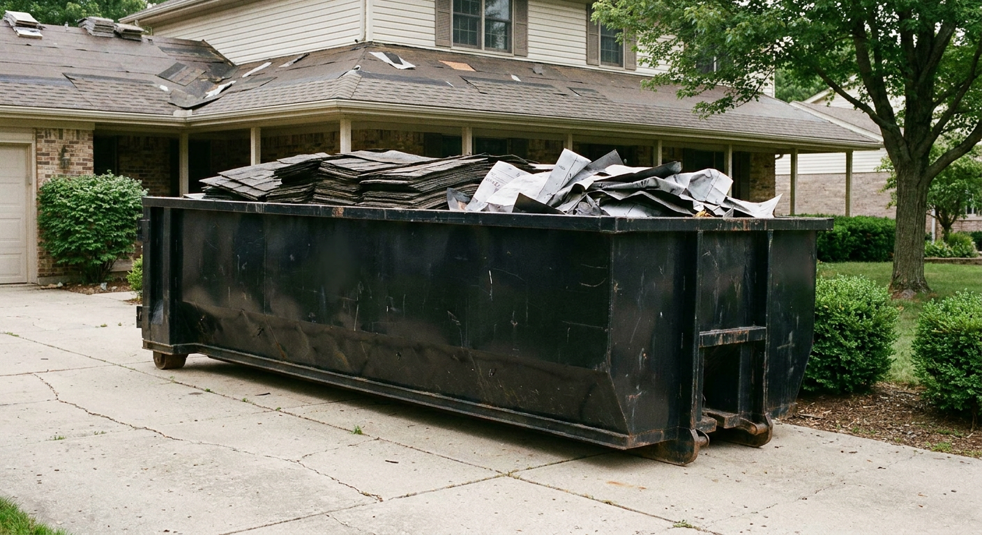 Matte-black 30-yard roofing roll-off dumpster sitting directly on a Nashua concrete driveway, taller ribbed steel side panels, mixed tear-off debris of asphalt shingles and underlayment inside, professional documentary daylight.