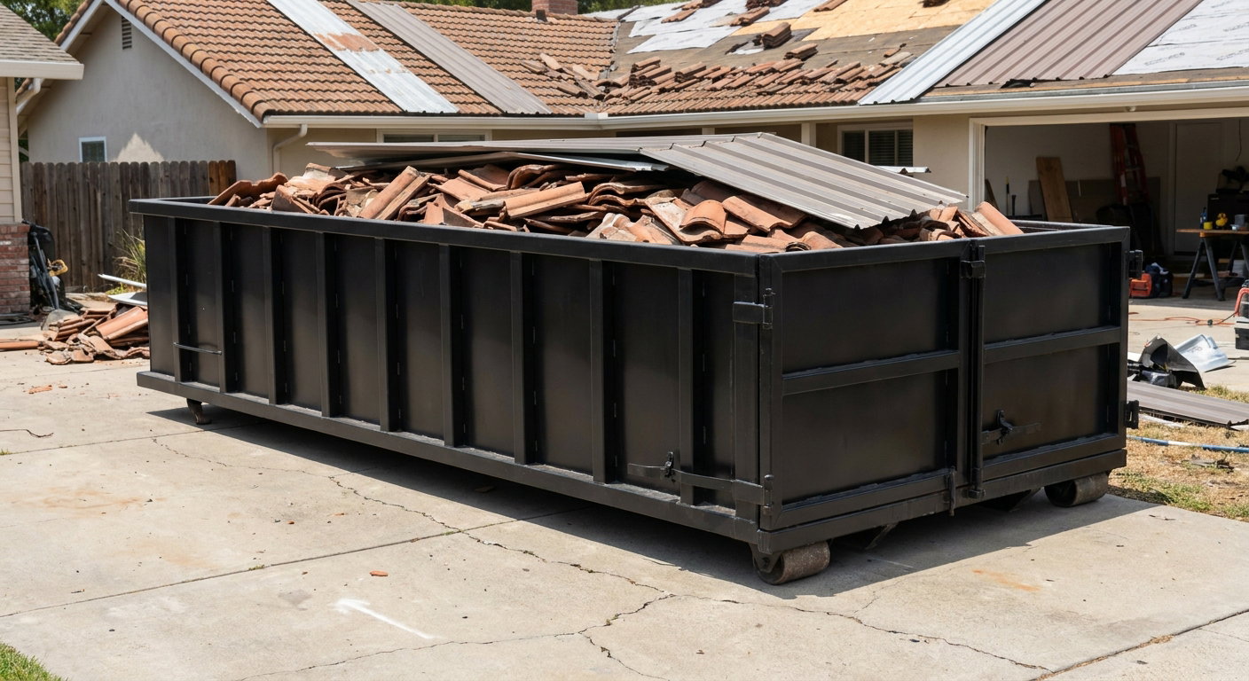 Matte-black low-wall heavy-debris roofing roll-off dumpster sitting directly on a Nashua concrete driveway, broken concrete clay roof tiles and metal panel sections loaded inside, reinforced ribbed steel side walls visible, bright outdoor daylight.