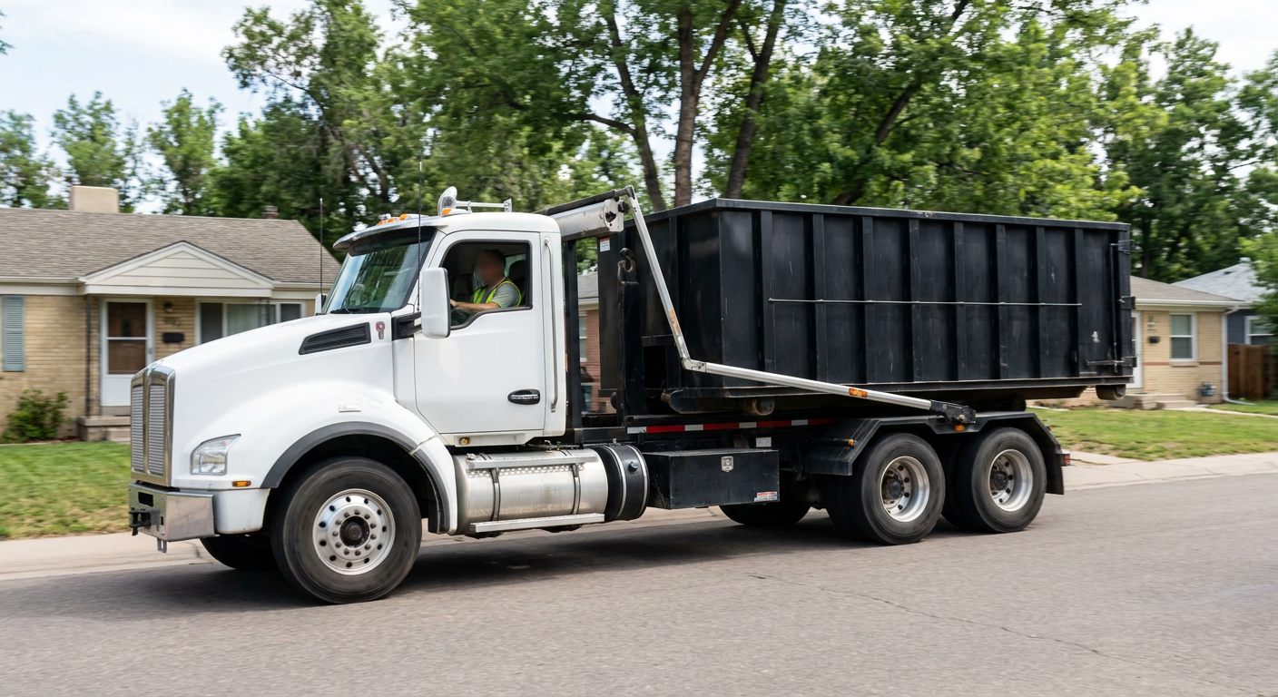 A wide documentary shot of a matte-black roll-off delivery truck pulling onto a quiet Nashua residential street at mid-morning, with neighborhood rooftops and tree-lined blocks visible behind, showing the metro coverage footprint.