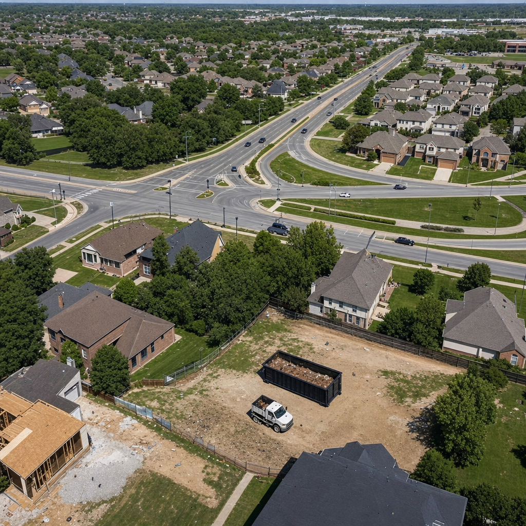 An overhead documentary view of the Nashua metro area at midday, showing the spread of neighborhoods, arterial roads, and the dispatch radius from a central yard — clean daylight, organized geographic layout.