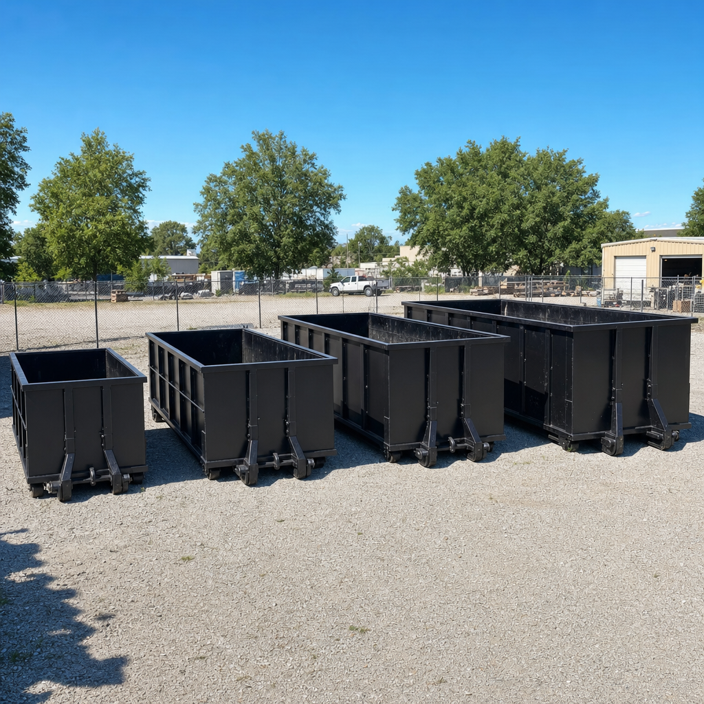 A clean lineup of matte-black roll-off dumpsters in 10, 20, 30, and 40-yard sizes staged on a sunlit gravel yard in Nashua, showing the size progression from compact to commercial-scale containers.