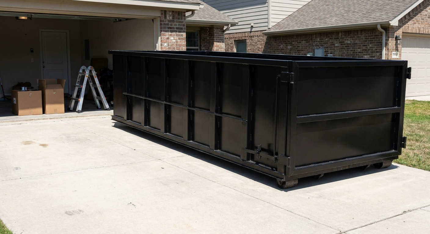 A matte-black 10-yard roll-off dumpster sitting directly on a residential Nashua concrete driveway, mid-day sunlight, clean and ready for a garage cleanout.