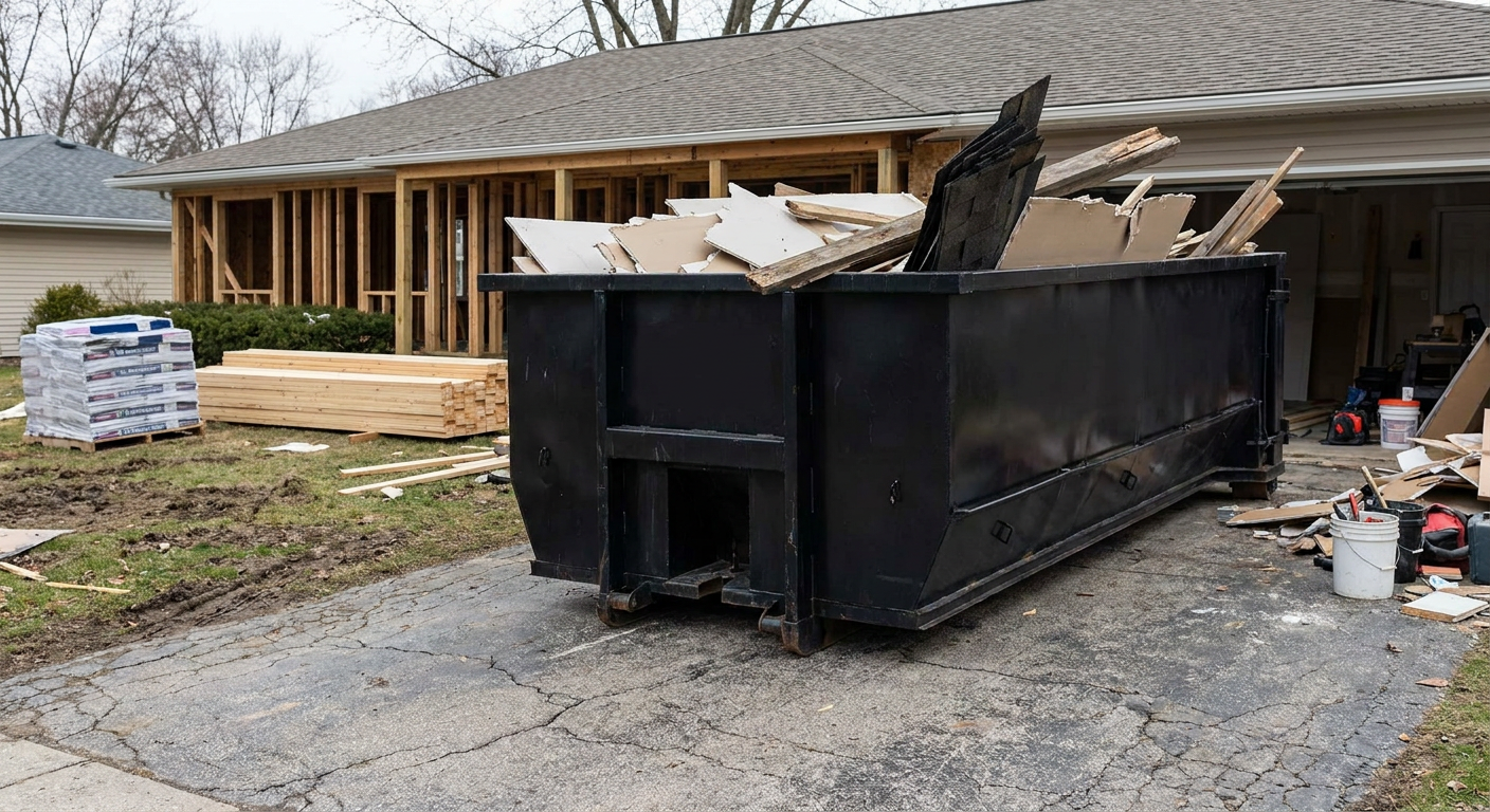 A matte-black 20-yard roll-off dumpster placed alongside a mid-renovation Nashua home directly on the asphalt driveway, with framing materials and torn-off shingles staged neatly nearby.