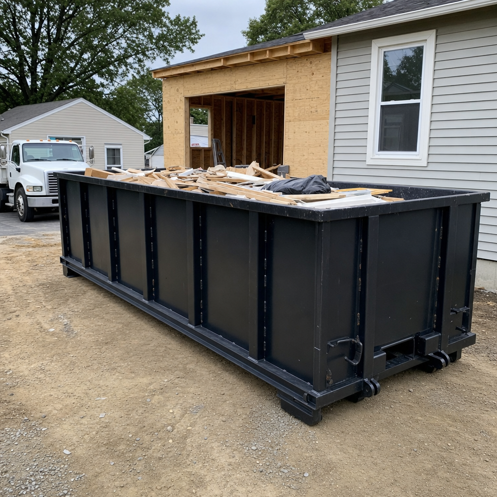A matte-black 30-yard roll-off dumpster positioned at a Nashua residential addition jobsite, with framing lumber and drywall scraps loaded through the open swinging rear doors.
