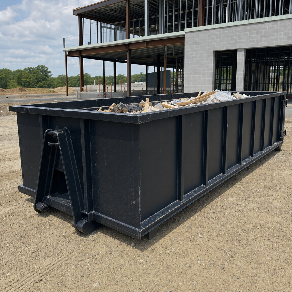 A matte-black 40-yard roll-off dumpster staged on a large Nashua commercial construction lot, with a hooklift delivery truck parked alongside under bright midday sky.