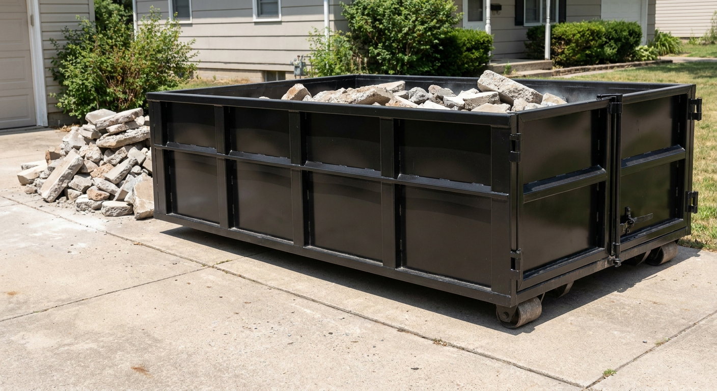 A matte-black low-side heavy-debris roll-off dumpster placed directly on a Nashua concrete driveway, with broken concrete chunks neatly stacked beside it under clean daylight.